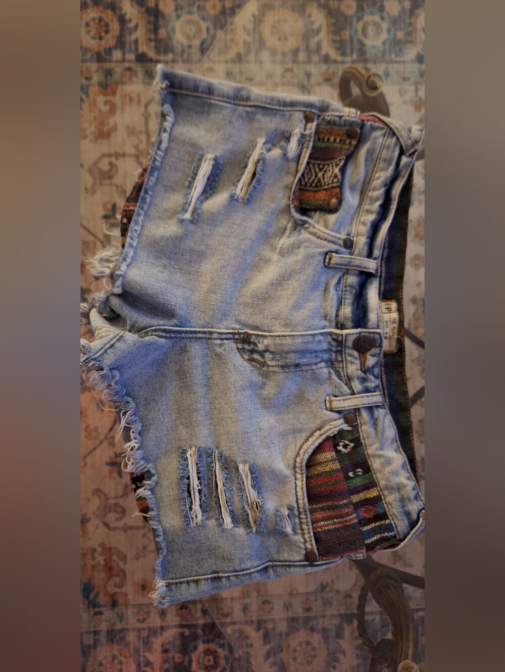 Free People Light Blue Distressed Denim Shorts with Aztec Pocket Accents